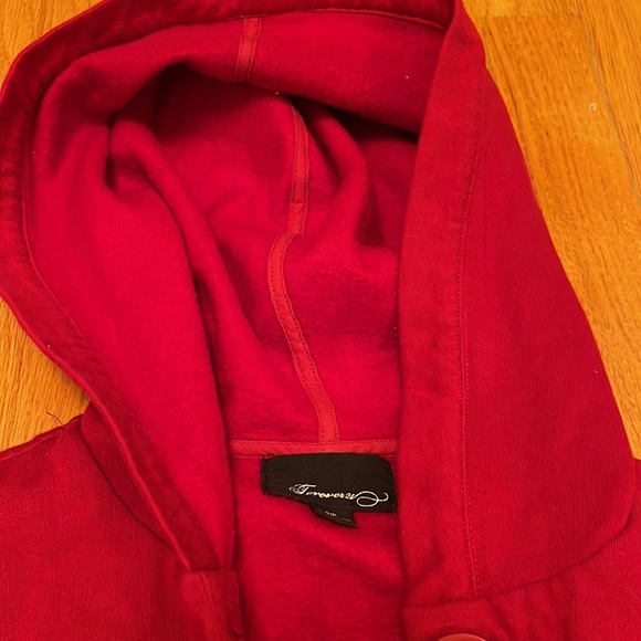 Women Red Forever21 Jacket Coat with Hood and Buttons - Great for Fall, Winter - Picture 7 of 9